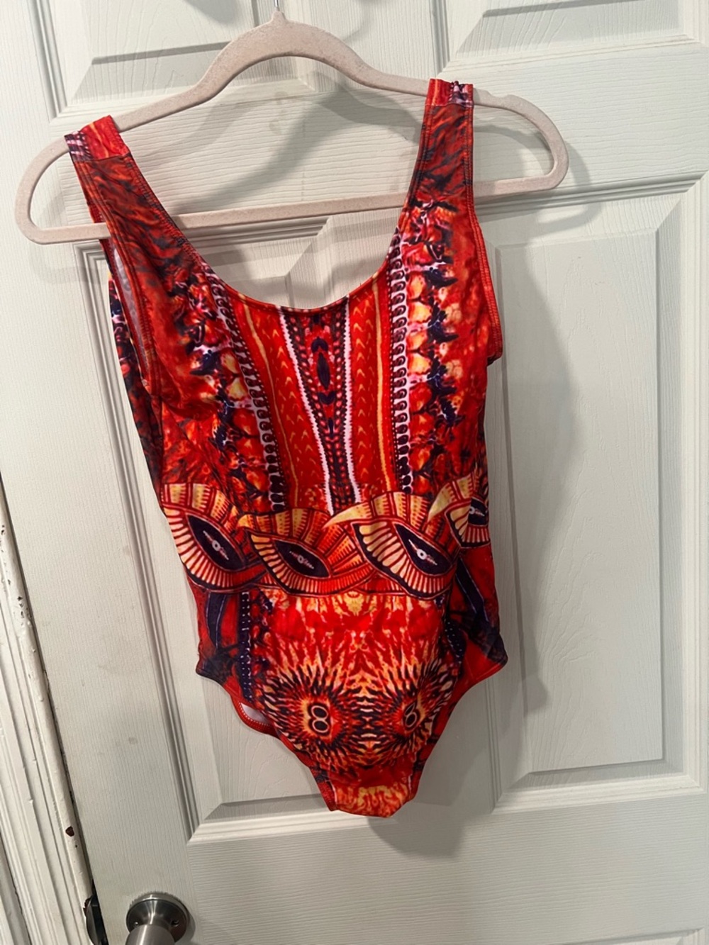 Vibrant Red Orange Tribal Print One-Piece Swimsuit